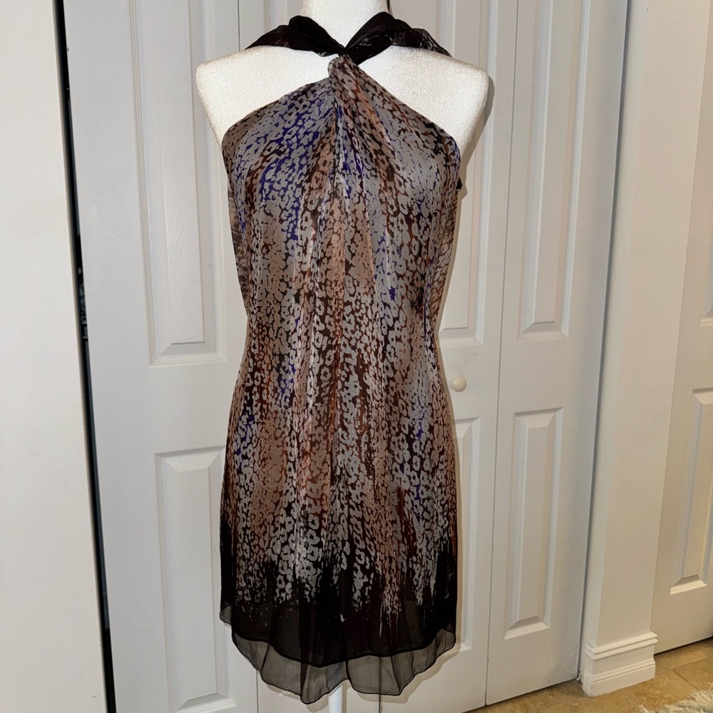 Leon Max, special Edition, Elegant Print Halter Dress. 100% silk.